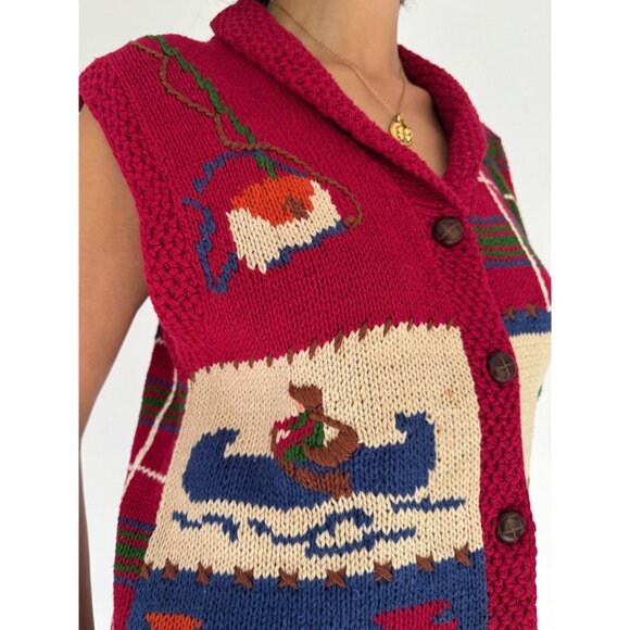 90s vintage outdoor nature print knitted plaid button up hand knit sweater vest - Picture 8 of 9